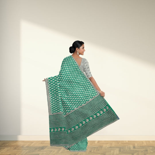 Green Mulmul Cotton Hand Block Printed Saree