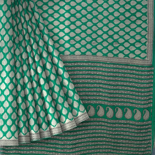 Green Mulmul Cotton Hand Block Printed Saree