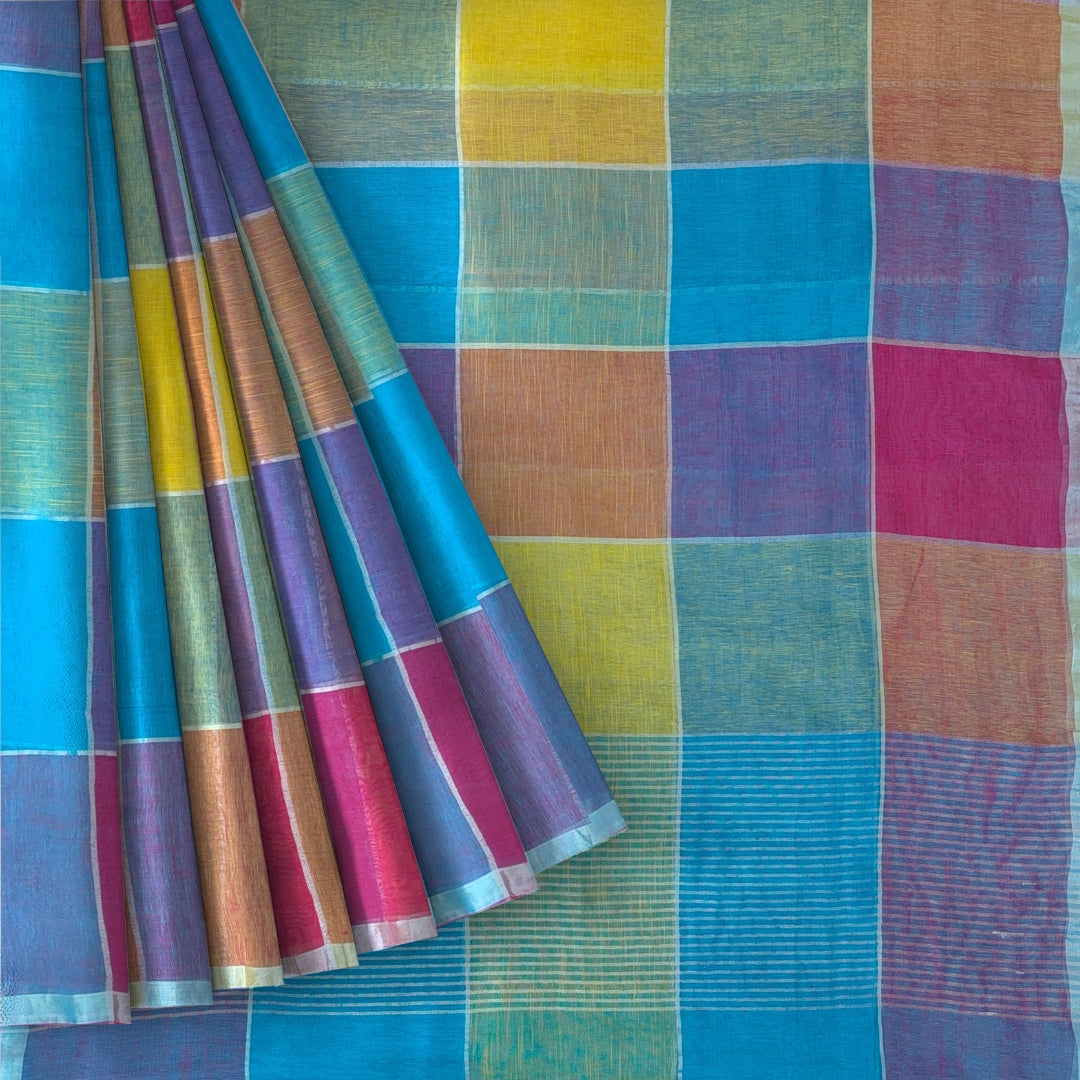 Multi Colour Bengal Handloom  Linen Cotton Saree