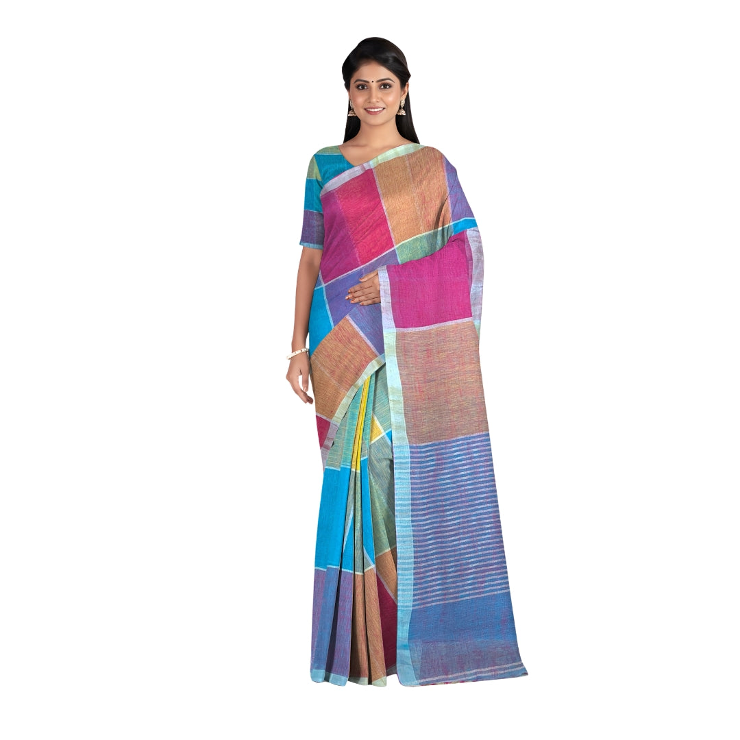 Multi Colour Bengal Handloom  Linen Cotton Saree