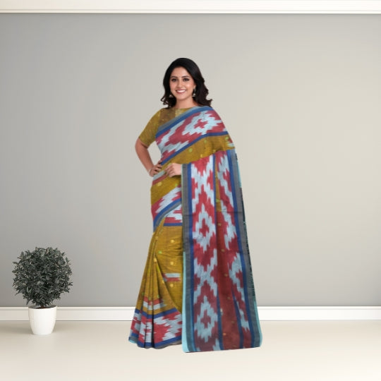 Mustard Yellow Uppada Cotton Ikkat Saree
