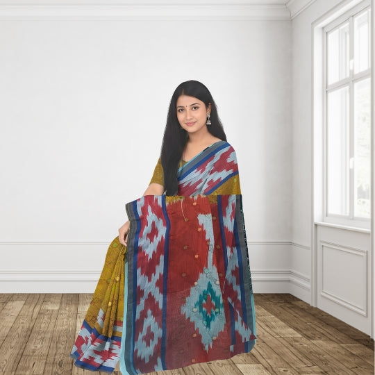 Mustard Yellow Uppada Cotton Ikkat Saree