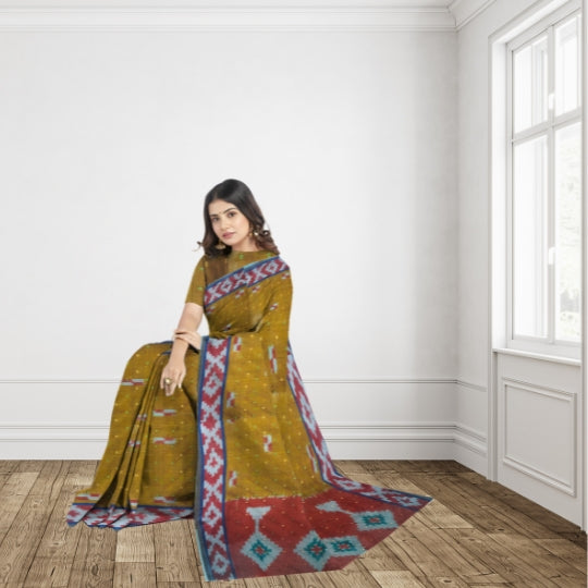 Mustard Yellow Uppada Cotton Ikkat Saree