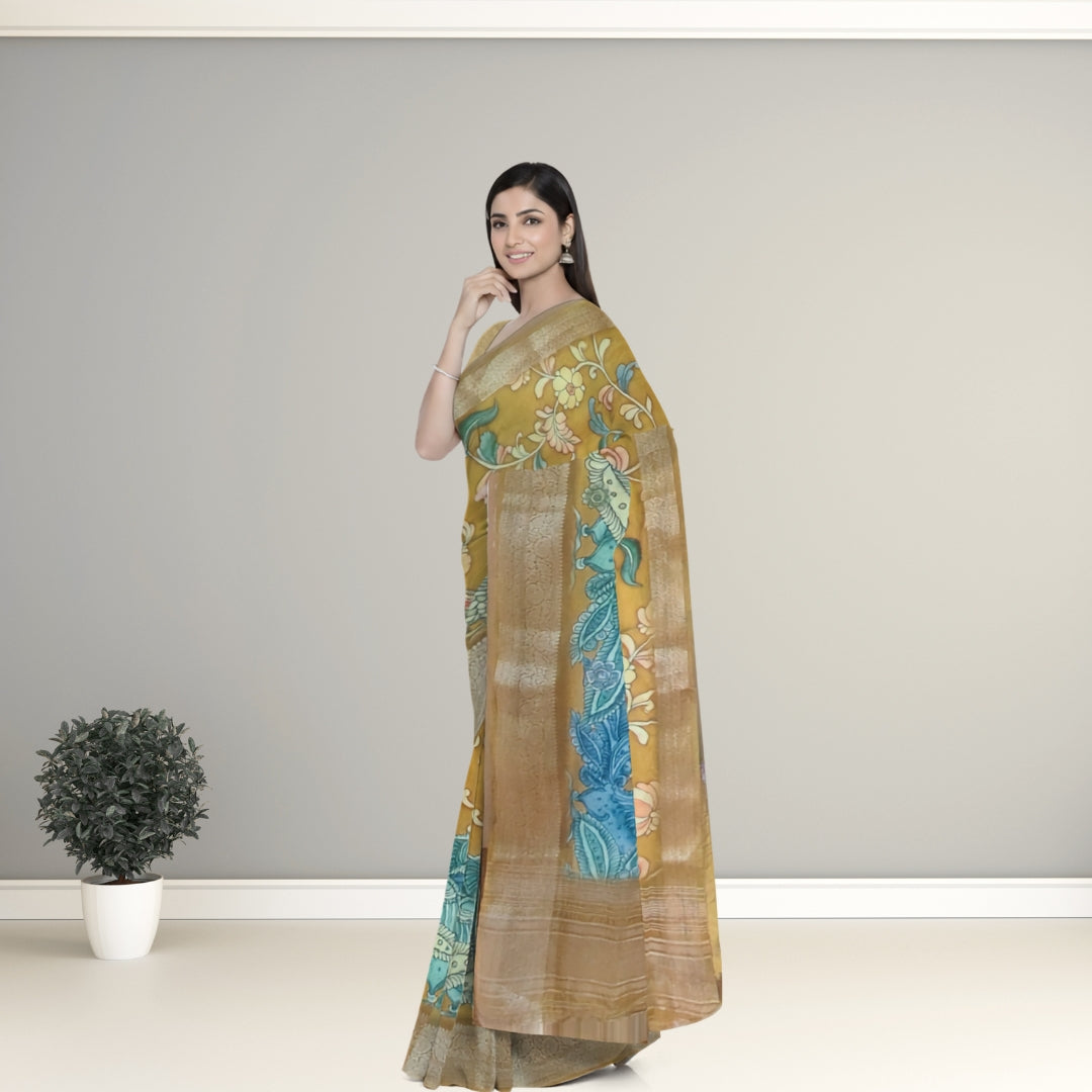 Mustard Banglore Silk Kalmkari Print Saree