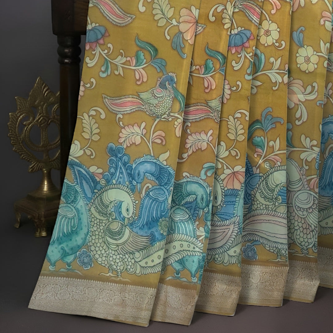 Mustard Banglore Silk Kalmkari Print Saree