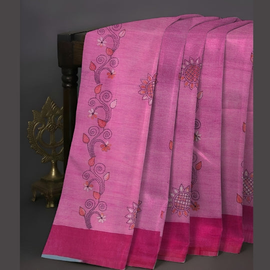 Pink Bengal Handloom Kantha Work Saree
