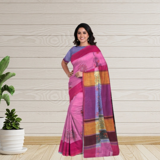 Pink Bengal Handloom Kantha Work Saree