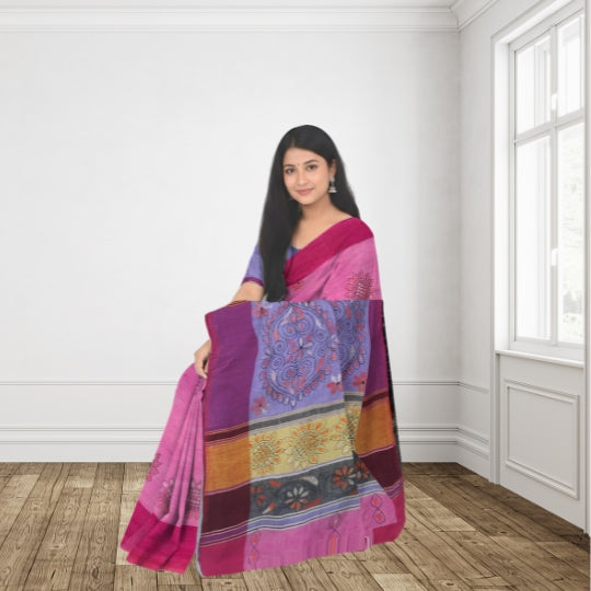 Pink Bengal Handloom Kantha Work Saree