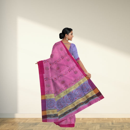 Pink Bengal Handloom Kantha Work Saree