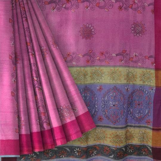 Pink Bengal Handloom Kantha Work Saree