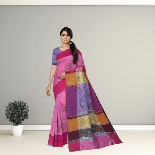 Pink Bengal Handloom Kantha Work Saree