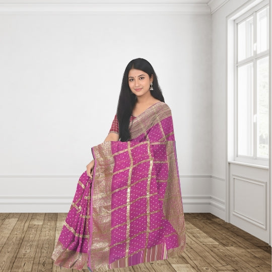 A woman modeling a magenta pink and gold saree in a bright room with white walls and wooden floors.