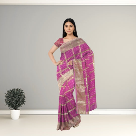 A woman modeling a pink and gold patterned sari with a matching blouse, standing against a plain gray wall with a small potted plant on the left.