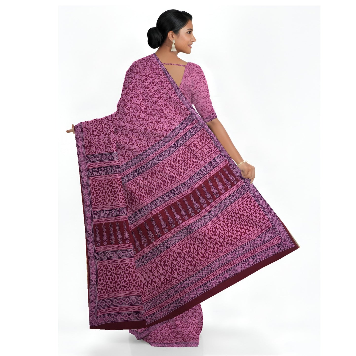 Pink Maheshwari Handloom Bagh Print Pure Cotton Saree
