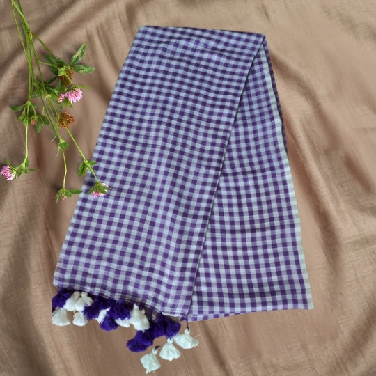 Purple Bengol Mulmul Cotton Checks Saree