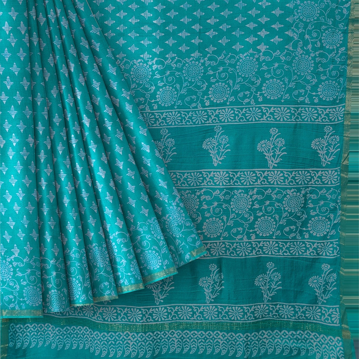 Rama Green Chanderi Block Print Saree