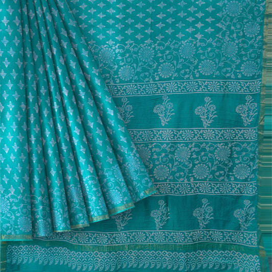 Rama Green Chanderi Block Print Saree