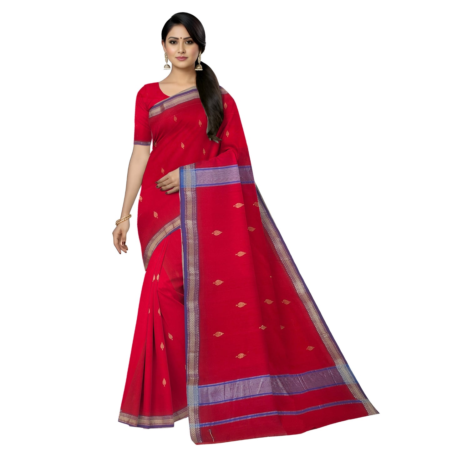 Red Maheshwari Handloom Cotton Silk With All Over Butta Saree