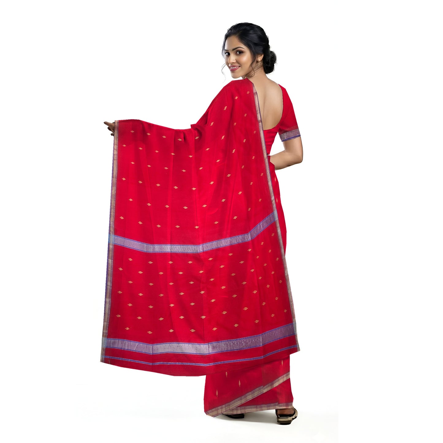 Red Maheshwari Handloom Cotton Silk With All Over Butta Saree