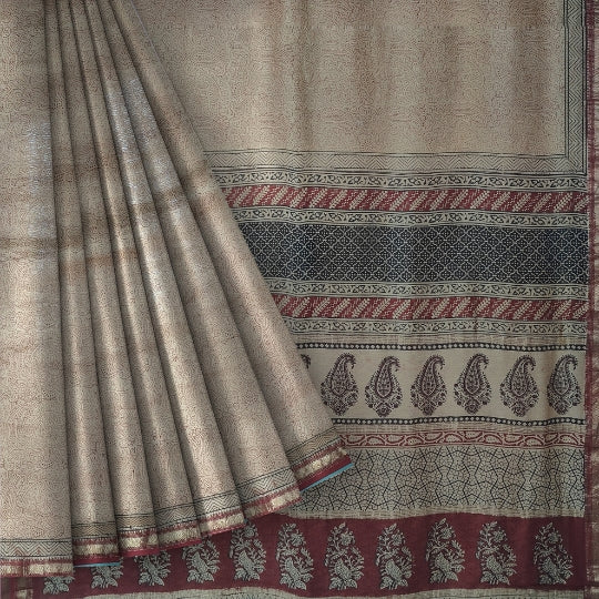 Red Maroon Maheshwari Baag Block Print Saree With Zari Border