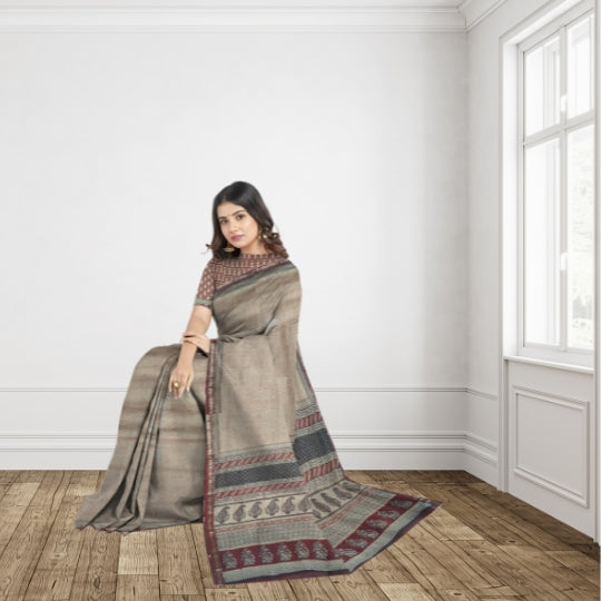 Red Maroon Maheshwari Baag Block Print Saree With Zari Border