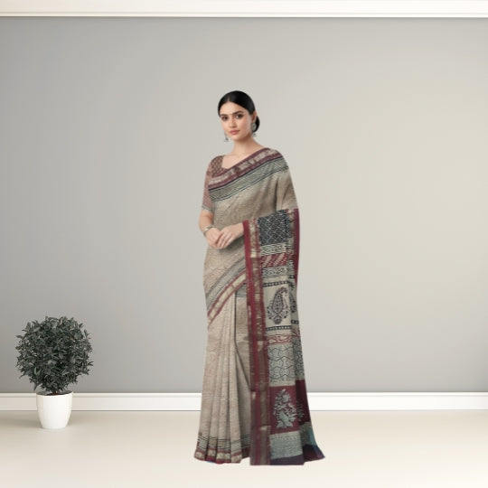 A woman modeling a beige and maroon patterned saree with a dark patterned blouse, standing in a minimalist studio setting with a small potted plant on the left.