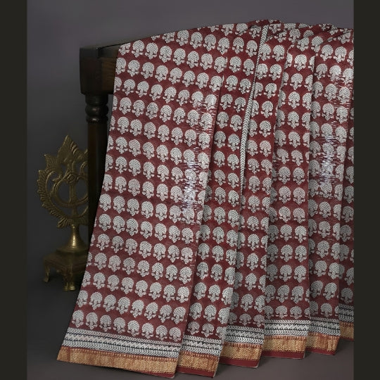 Red Maroon Maheshwari Silk Baag Block Print Saree with Zari Border