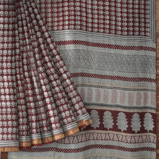 Red Maroon Maheshwari Silk Baag Block Print Saree with Zari Border