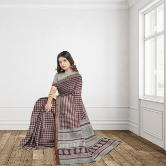 Red Maroon Maheshwari Silk Baag Block Print Saree with Zari Border
