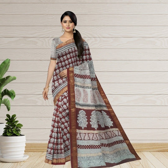 Red Maroon Maheshwari Silk Baag Block Print Saree with Zari Border