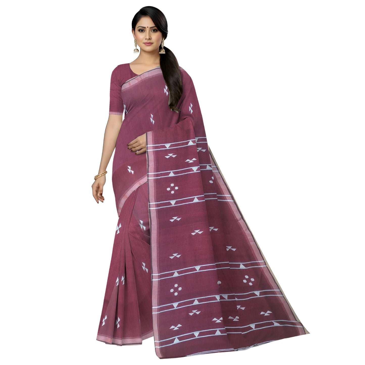 Rose Red Bengal Handloom Mulmul Cotton Jamdani Saree