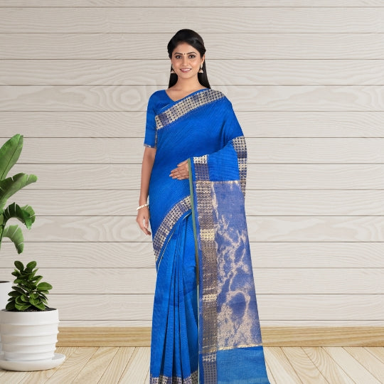 Royal Blue Maheshwari Kota Weaving Floral Border Tissue Pallu