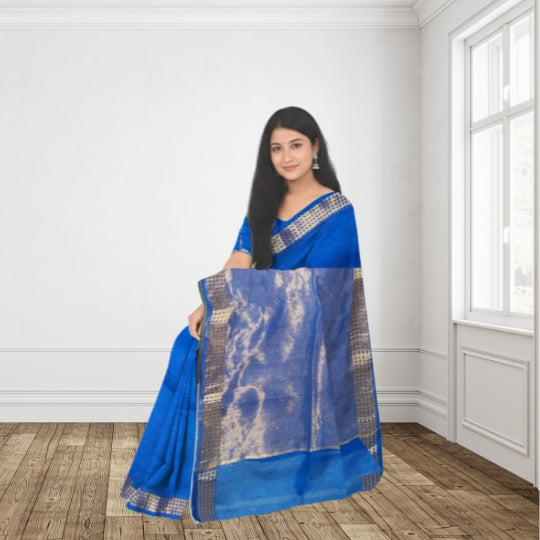 Royal Blue Maheshwari Kota Weaving Floral Border Tissue Pallu