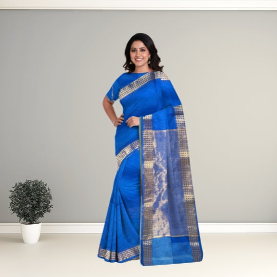 Royal Blue Maheshwari Kota Weaving Floral Border Tissue Pallu