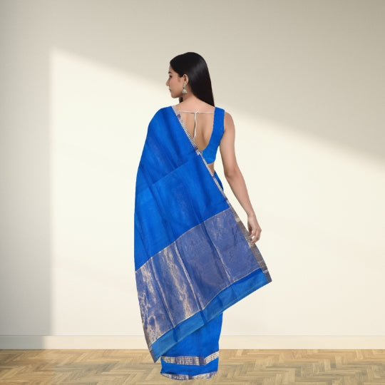 Royal Blue Maheshwari Kota Weaving Floral Border Tissue Pallu