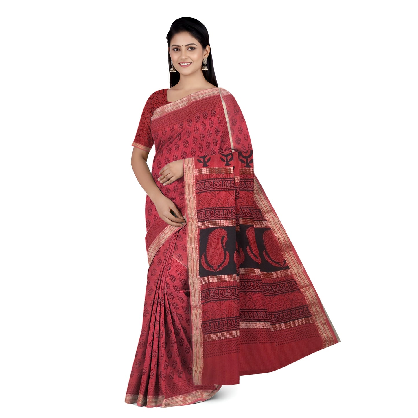 Rust Orange Maheshwari Handloom Cotton Silk Bagh Print Saree