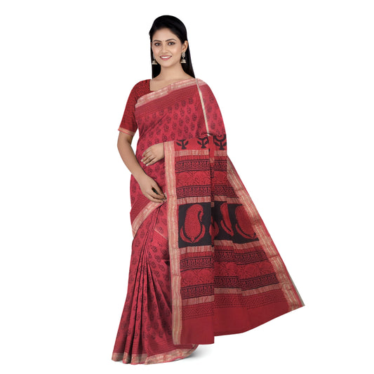 Rust Orange Maheshwari Handloom Cotton Silk Bagh Print Saree