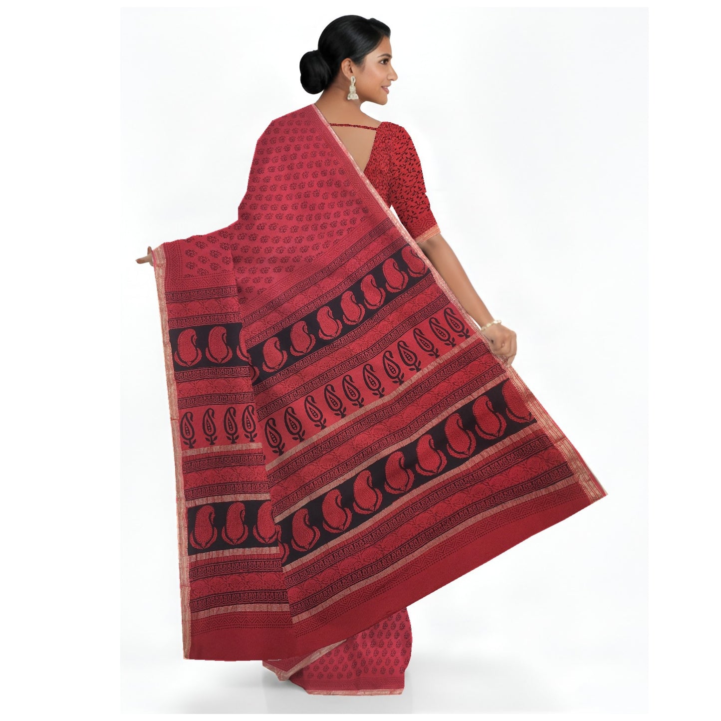 Rust Orange Maheshwari Handloom Cotton Silk Bagh Print Saree