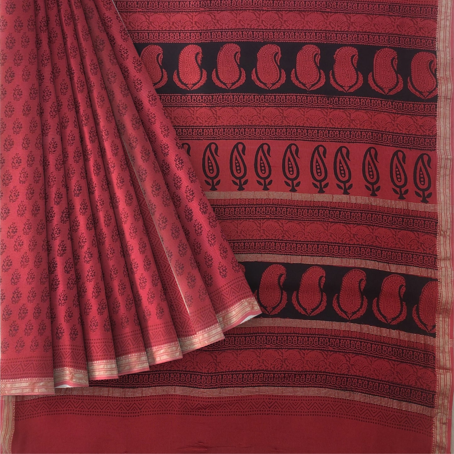 Rust Orange Maheshwari Handloom Cotton Silk Bagh Print Saree