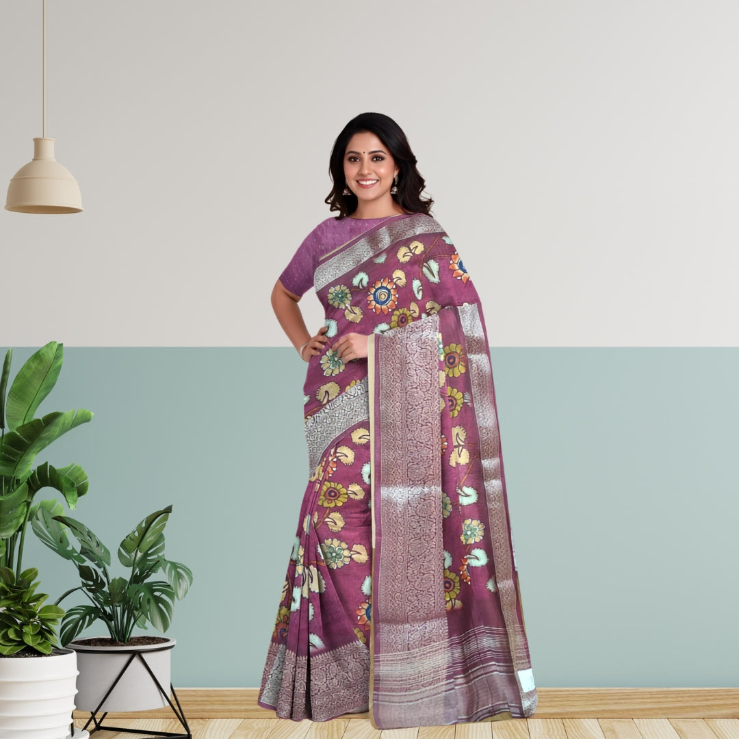 Wine Banglore Silk Kalmkari Print Saree