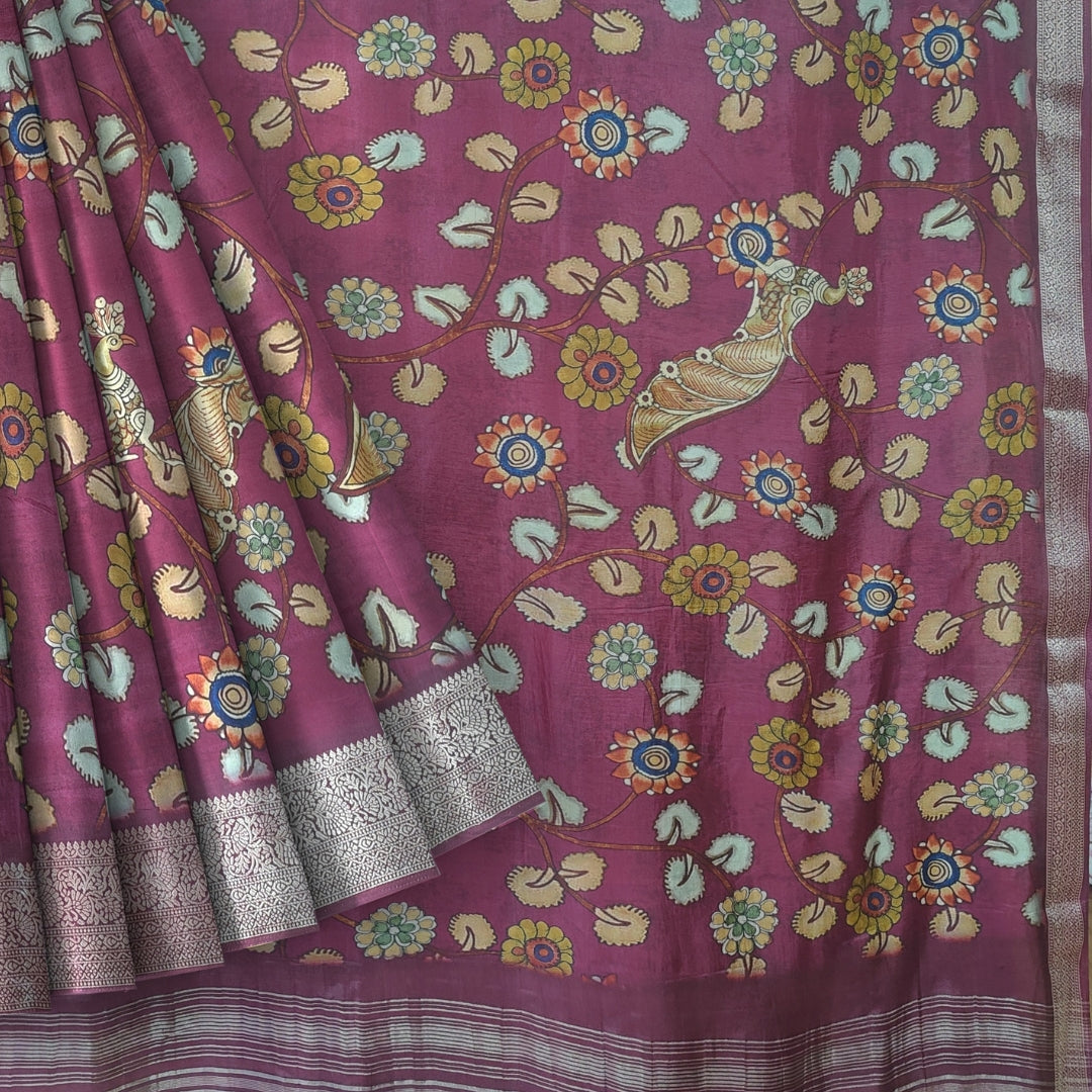 Wine Banglore Silk Kalmkari Print Saree