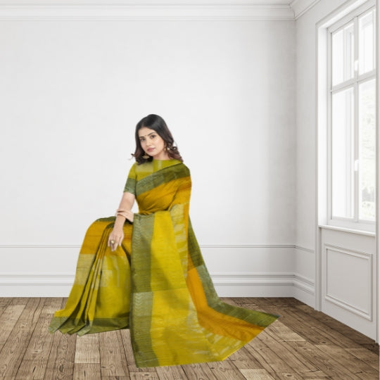 Yellow Bengal Handloom Tissue Cotton Saree