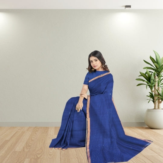 Blue Bengol Handloom Mullmol Khadi Sequence Work Saree
