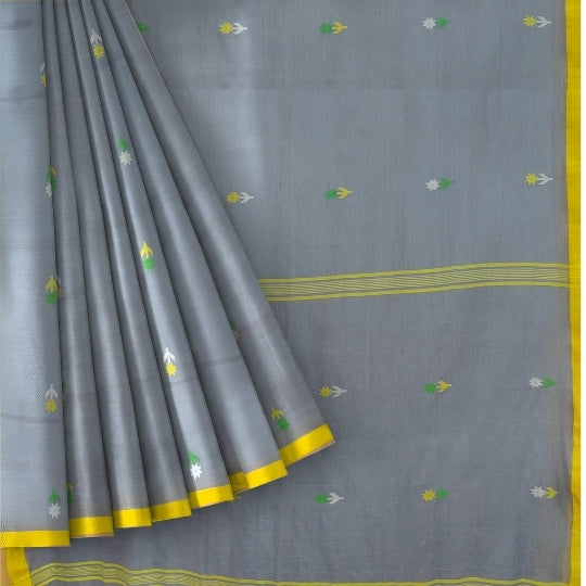 Gray Bengol Handloom Mullmul Cotton Work Saree