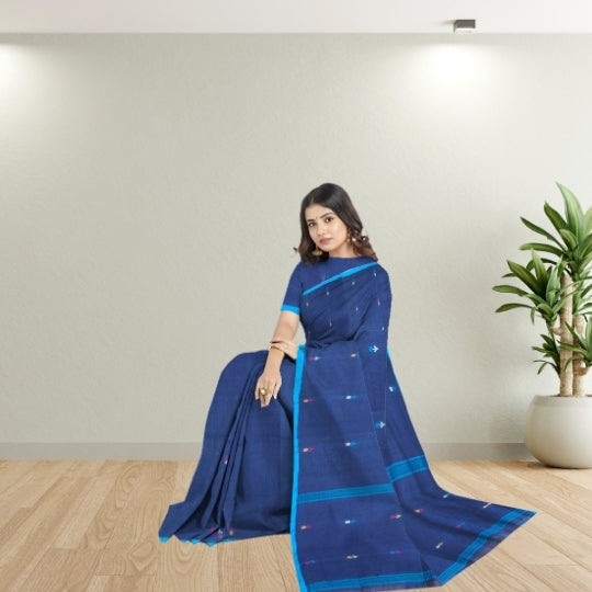 Bengol Handloom Mulmul Cotton Jamdani Weave Blue Saree