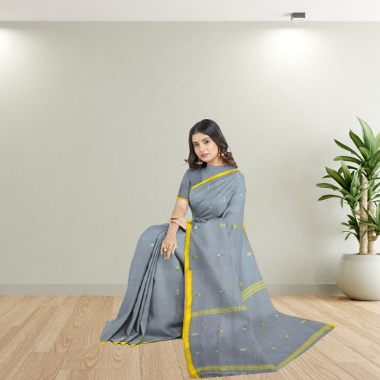 Gray Bengol Handloom Mullmul Cotton Work Saree