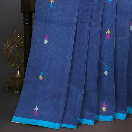 Bengol Handloom Mulmul Cotton Jamdani Weave Blue Saree