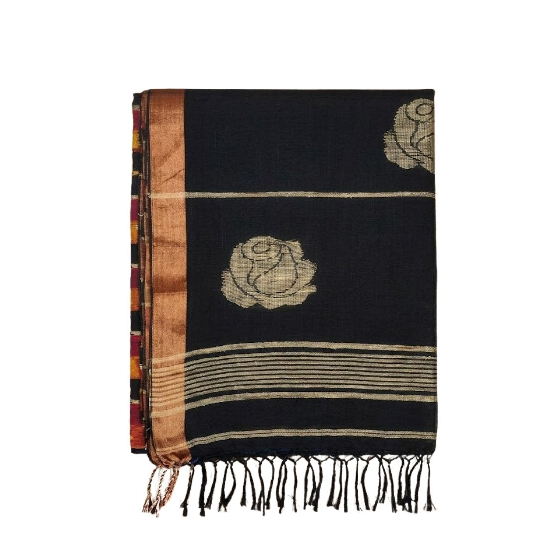 Black Magenta Striped Linen Saree