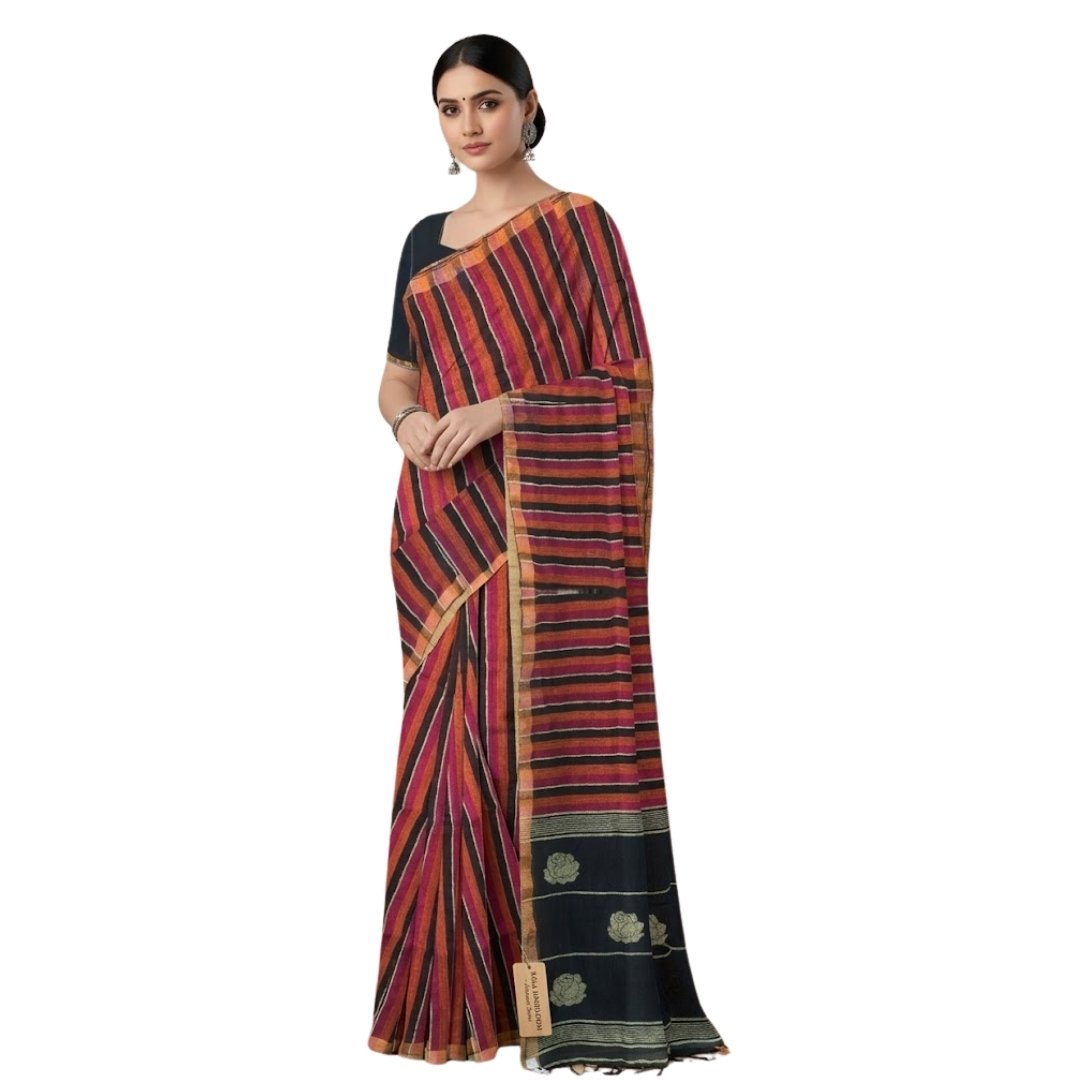 Black Magenta Striped Linen Saree