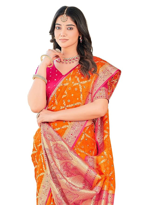 Radiate Joy: Drape Yourself in the Vibrant Orange Banarasi Silk Saree
